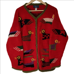Frantic Outwear Hand Knitwear Red Wool Chunky Thick Cardigan Ducks Unique Rare L